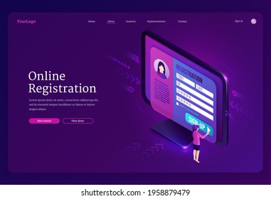 Online registration isometric landing page. Tiny woman push sign up button and enter password and login to internet account register form on huge pc. Secure network authentication 3d vector web banner