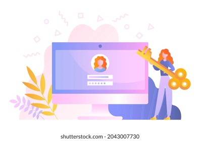 Online registration or login. Woman holds key in her hands and enters password to log in her personal account. Computer screen with data. Cartoon flat vector illustration isolated on white background