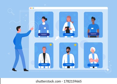 Online registration on doctor appointment vector illustration. Cartoon flat man patient character choose, search for specialist for doctoral treatment advice. Modern online medicine concept background