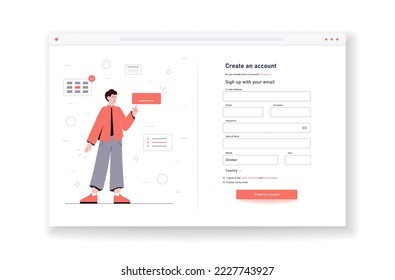 Online registration screen. Form for entering data to create profile or account. Authorization and authentication. Graphic element for website, interface for apps. Cartoon flat vector illustration