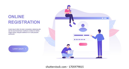 Online registration and sign up concept. People signing up or login to online account with user interface. Secure login and password. Vector illustration landing template for UI, mobile app, web 