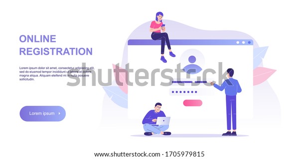 Online registration and sign up concept. People signing\
up or login to online account with user interface. Secure login and\
password. Vector illustration landing template for UI, mobile app,\
web 
