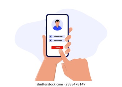 Online registration and sign up concept. Smartphone with login and password form page on screen. Online login form. Secure login and password. Sign in to account. Vector illustration