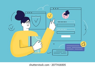 Online registration and sign up concept. Users use secure login and password on website or social media account. Profile and account protection on internet. Flat Vector Illustration