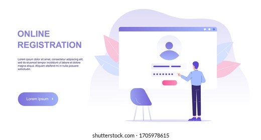 Online registration and sign up concept. Young man signing up or login to online account with user interface. Secure login and password. Vector illustration landing template for UI, mobile app, web 