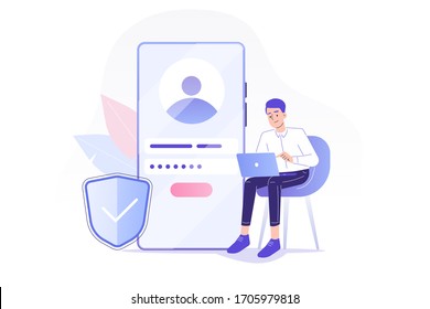 Online registration and sign up concept. Young man signing up or login to online account on huge smartphone. User interface. Secure login and password. Vector illustration for UI, mobile app, web 