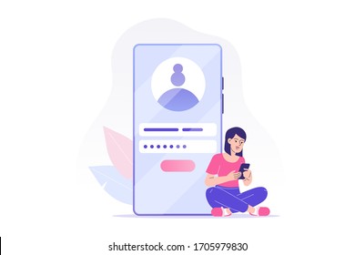 Online registration and sign up concept. Young woman signing up or login to online account on smartphone app. User interface. Secure login and password. Vector illustration for UI, mobile app, web 