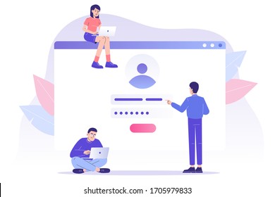 Online registration and sign up concept. Young people signing up or login to online account with user interface. Secure login and password. Modern vector illustration template for UI, mobile app, web 