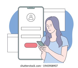 Online registration and sign up concept. Young woman signing up or login to online account on smartphone app. User interface. Secure login and password.