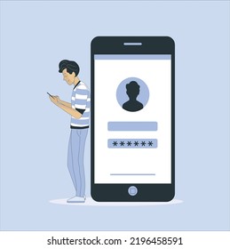 Online registration and sign up concept. Young man signing up or login to online account on smartphone app. User interface. Secure login and password. Vector illustration for UI, mobile app, web flat