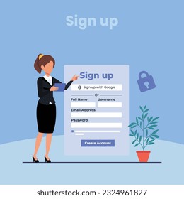 Online registration and sign up concept. Young man signing up or login to online account on smartphone app. User interface. Secure login and password. Vector illustration for UI, mobile app, web