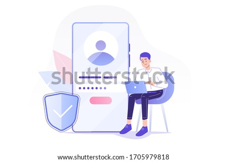 Online registration and sign up concept. Young man signing up or login to online account on huge smartphone. User interface. Secure login and password. Vector illustration for UI, mobile app, web 