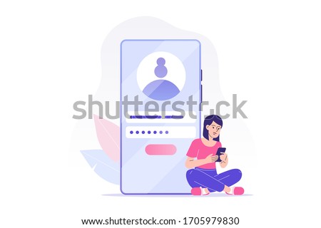 Online registration and sign up concept. Young woman signing up or login to online account on smartphone app. User interface. Secure login and password. Vector illustration for UI, mobile app, web 