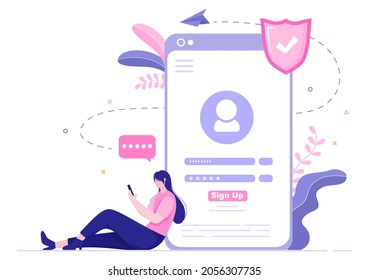 Online Registration or Sign Up Login for Account on Smartphone App. User interface with Secure Password Mobile Application, for UI, Web Banner, Access. Cartoon People Vector Illustration