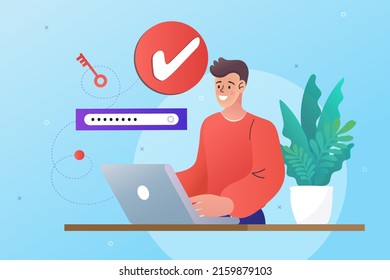 Online Registration or Sign Up Login for Account on computer. User interface with Secure Password. successful check mark. Secure authentication in networks, 3d vector web banner. Flat design vector.