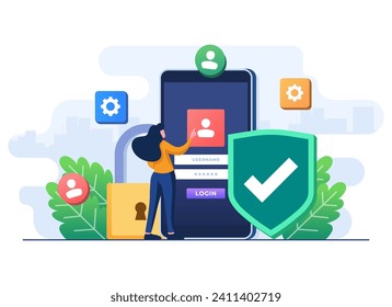 Online registration or sign up user interface screen on smartphone screen Secure login, Woman trying to register new account, password protection concept for landing page, UI, mobile app