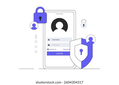 Online registration or sign up user interface screen on smartphone. Secure login, password protection concept. Flat Cartoon Vector Illustration, icon. Stylish abstract design web