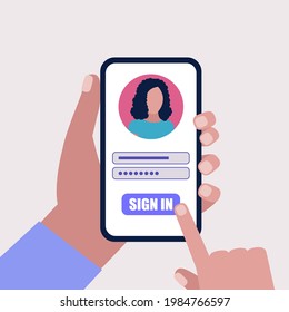 Online registration or sing up concept. Hand hold smartphone with logs into the site. Colorful flat vector illustration