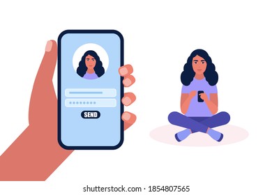 Online registration or sing up concept. Young woman logs into the site on the smartphone. Colorful flat vector illustration