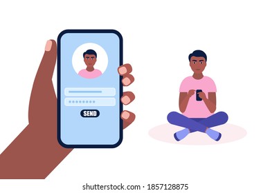 Registro en línea o concepto de canto. Joven entra en el sitio en el smartphone. Ilustración de vector plana colorida