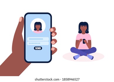 Registro en línea o concepto de canto. Joven entra al sitio en el smartphone. Ilustración de vector plana colorida