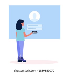 Online-Registrierung oder Singen-up-Konzept. Der junge Mann meldet sich auf der Seite an. Farbige flache Vektorgrafik