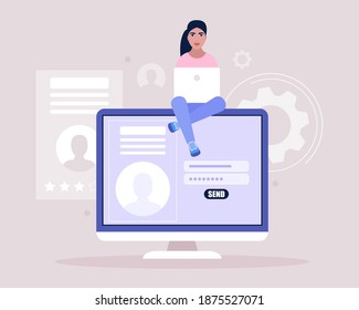 Registro en línea o concepto de canto. Joven entra en el sitio. Mujer joven que publica currículum para búsqueda de trabajo. Ilustración de vector plana colorida
