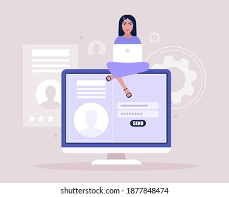 Online registration or sing up concept. Young woman logs into the site. Young woman posting resume for job search. Colorful flat vector illustration