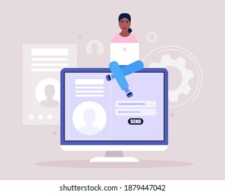 Online registration or sing up concept. Young woman logs into the site. Young woman posting resume for job search. Colorful flat vector illustration