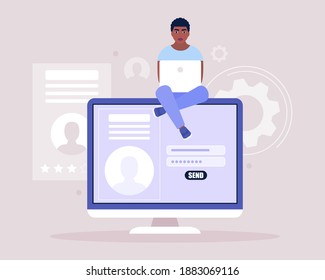 Registro en línea o concepto de canto. Joven entra en el sitio. Hombre joven posteando currículum para búsqueda de trabajo. Ilustración de vector plana colorida