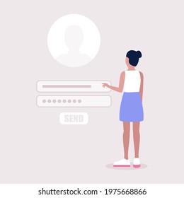 Online registration or sing up concept. Young woman logs into the site. Colorful flat vector illustration