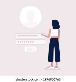 Online registration or sing up concept. Young woman logs into the site. Colorful flat vector illustration