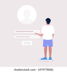 Online registration or sing up concept. Young man logs into the site. Colorful flat vector illustration