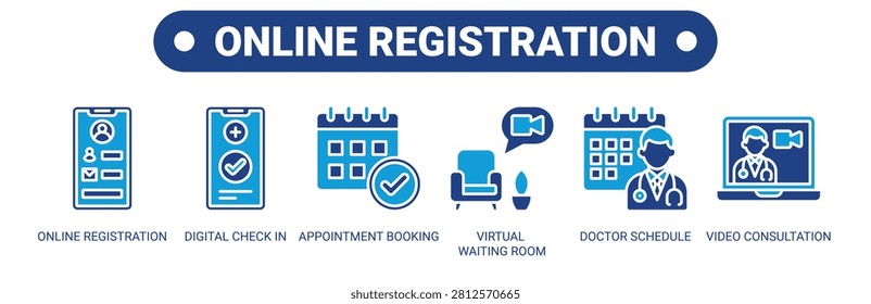 Online Registration web banner icon vector illustration concept with icons of online registration, digital check in, appointment booking, virtual waiting room, doctor schedule, and video consultation.