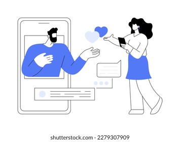 Online relationships abstract concept vector illustration. Romantic couple, girlfriend and boyfriend online meeting, virtual dating, social network, video application, romance abstract metaphor.