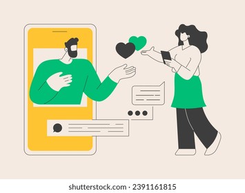 Online relationships abstract concept vector illustration. Romantic couple, girlfriend and boyfriend online meeting, virtual dating, social network, video application, romance abstract metaphor.