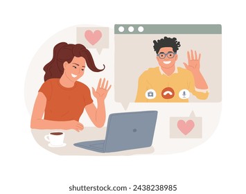 Online relationships isolated concept vector illustration. Romantic couple, girlfriend and boyfriend online meeting, virtual dating, social network, video application, romance vector concept.