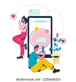 Online relationships and virtual communication concept, flat cartoon vector illustration isolated on white background. Online dating and communication.