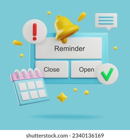 Online reminder, notification 3D style, vector illustration isolated on blue background. Floating decorative design element, ringing bell, calendar, exclamation mark and green tick