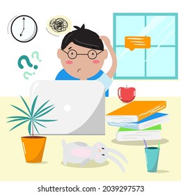 Online, Remote, E- Education, Children Education, Online School, Home Schooling Concept. Sad And Confused Boy. Not Understanding Learning Process. Vector Illustration. 