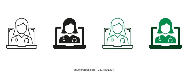 Online Remote Healthcare Pictogram. Online Digital Medicine Line and Silhouette Icon Set. Virtual Medical Service, Telemedicine Symbol Collection. Doctor in Computer. Isolated Vector Illustration.