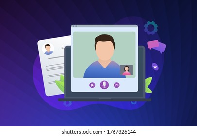 Online Remote Job Interview With Candidate Via Video Call Conference Illustration Concept. Interview In Modern World Realities. Candidate's Summary Of The Hiring On The Background