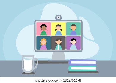 Online remote learning flat illustration. School kids with computer having video conference chat with teacher and class group. Child studying from home. Homeschooling during quarantine and corona