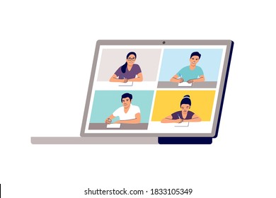 Online remote learning. School learning, study from home via teleconference or web video conference call. Vector illustration.