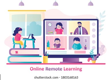 Online remote learning. Schoolgirl at workplace, video conference with teacher and other schoolchildren. Display with internet education application. Home schooling concept. Flat vector illustration