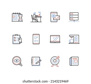 Online and remote office work - line design style icons with editable stroke. Workspace, freelancer, profession, email, newspaper, coffee machine, search and magnifier, checklist, smartphone, laptop