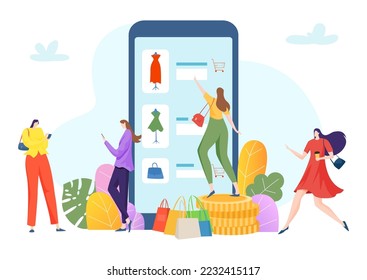 Online remote smartphone shopping application, tiny group woman together purchase clothes flat vector illustration, isolated on white.