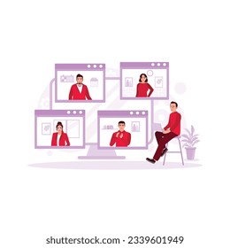 Online remote video conference call. Business communication via internet concept. Jobs of people who are far away virtually, Trend Modern vector flat illustration