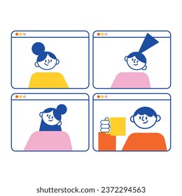 Online remote video conference call. Business communication via internet concept. Virtual distant work of people, colleagues team. Flat graphic vector illustration isolated on white background