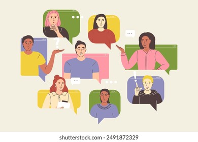 Online remote video conference call. Business communication via internet concept. Virtual distant work of people, colleagues team. Flat graphic vector illustration isolated on white background